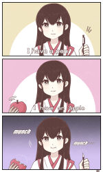 Rule 34 | 1girl, 3koma, 810 (dadmiral), akagi (kancolle), apple, bad id, bad twitter id, brown eyes, brown hair, comic, commentary request, eating, english text, food, fruit, gradient background, highres, japanese clothes, kantai collection, long hair, looking at viewer, muneate, parody, pen, pen-pineapple-apple-pen, solo, subtitled, tasuki, two-tone background