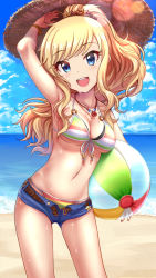 Rule 34 | 10s, 1girl, :d, arm up, armpits, ball, bare arms, bare shoulders, beach, beachball, belt, bikini, bikini under clothes, blonde hair, blue eyes, blue sky, blush, bracelet, breasts, cleavage, cloud, collarbone, commentary request, contrapposto, cowboy shot, day, denim, denim shorts, fingernails, flower, front-tie bikini top, front-tie top, green eyes, hair flower, hair ornament, hat, head tilt, highres, holding, holding ball, horizon, idolmaster, idolmaster cinderella girls, jewelry, legs apart, lens flare, long fingernails, long hair, looking at viewer, medium breasts, mintol (qool+), multicolored bikini, multicolored clothes, navel, necklace, o-ring, o-ring bikini, o-ring top, ohtsuki yui, open belt, open fly, open mouth, outdoors, ponytail, removing hat, ribbon, round teeth, short shorts, shorts, side-tie bikini bottom, sky, smile, solo, standing, star (symbol), straw hat, striped bikini, striped clothes, sunlight, sweat, swimsuit, teeth, thighs, unbuckled, unbuttoned, unzipped, water, white ribbon, zipper