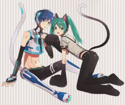 Rule 34 | all fours, animal ears, animal hands, blue eyes, blue hair, cat ears, cat paws, cat tail, green eyes, green hair, hatsune miku, kaito (vocaloid), looking back, midriff, open mouth, project diva, project diva (series), project diva 2nd, sitting, suspenders, tail, twintails, vocaloid