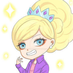 Rule 34 | 1girl, blonde hair, blue eyes, brianna buttowski, child, cqvh, disney, earrings, fang, grin, high ponytail, jacket, jewelry, jpeg artifacts, kick buttowski, long hair, long sleeves, looking at viewer, lowres, open clothes, open jacket, pink shirt, ponytail, purple jacket, shirt, simple background, smile, solo, sparkle, teeth, tiara, upper body, watermark, white background