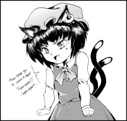 Rule 34 | 1girl, anger vein, animal ears, cat ears, cat tail, chen, draw-till-death, earrings, english text, fang, greyscale, hat, jewelry, monochrome, multiple tails, nekomata, open mouth, short hair, tail, tears, touhou, two tails