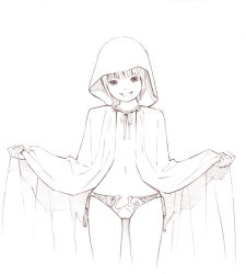 Rule 34 | 1girl, cloak, monochrome, original, panties, short hair, sketch, solo, underwear, yoshitomi akihito