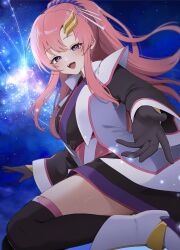 Rule 34 | 1girl, black gloves, blue eyes, blush, boots, breasts, campbell xx, gloves, gundam, gundam seed, gundam seed freedom, hair ornament, highres, japanese clothes, lacus clyne, long hair, looking at viewer, medium breasts, open mouth, pink hair, ponytail, short hair, smile, solo, very long hair