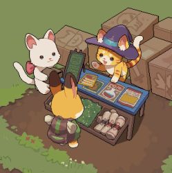 Rule 34 | animal focus, blue eyes, bow, box, cardboard box, cat, grass, hat, kukux62, no humans, open mouth, original, paper, pink bow, pixel art, rabbit, smile, white fur, witch hat