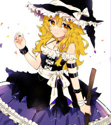 Rule 34 | 1girl, absurdres, alternate costume, arm garter, bandages, bare shoulders, beads, black choker, black dress, black hat, black wristband, blonde hair, blush, bow, breasts, broom, buckle, choker, closed mouth, collarbone, confetti, dress, eyelashes, frilled dress, frills, hair between eyes, hat, highres, holding, holding broom, jewelry, kirisame marisa, necono (nyu6poko), off-shoulder dress, off shoulder, ribbon, ribbon choker, ring, sash, sidelocks, simple background, small breasts, smile, solo, standing, touhou, white background, white bow, white ribbon, white sash, witch hat, yellow eyes
