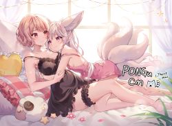 Rule 34 | 2girls, absurdres, animal ears, bare legs, bare shoulders, barefoot, blonde hair, breasts, cleavage, closed mouth, highres, multiple girls, original, pongu, red eyes, short hair, smile, tail, thighhighs, thighs, white hair