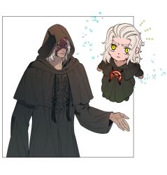 Rule 34 | 1boy, 5altybitter5, black robe, chibi, closed mouth, emet-selch, final fantasy, final fantasy xiv, highres, hood, hood up, long sleeves, looking at viewer, male focus, mask, robe, sophist&#039;s robe (ff14), yellow eyes