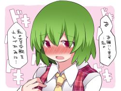 Rule 34 | 1girl, ascot, bad id, bad twitter id, blush, collar, commentary request, eyes visible through hair, green hair, hair between eyes, hammer (sunset beach), kazami yuuka, open mouth, pink background, plaid, plaid vest, red eyes, shirt, short hair, solo, speech bubble, touhou, translated, upper body, vest, white shirt, yellow ascot