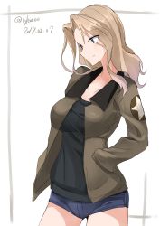 Rule 34 | 10s, 1girl, 2017, absurdres, black shirt, blonde hair, blue eyes, blue shorts, blush, breasts, brown jacket, closed mouth, cowboy shot, dated, denim, denim shorts, girls und panzer, hair intakes, hands in pockets, highres, irukatto, jacket, kay (girls und panzer), large breasts, light smile, long hair, long sleeves, looking to the side, military, military uniform, open clothes, open jacket, shirt, short shorts, shorts, smile, solo, standing, star (symbol), twitter username, uniform, white background
