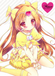 Rule 34 | 10s, 1girl, bad id, bad pixiv id, blonde hair, blush, bow, bubble skirt, capelet, character name, copyright name, cure muse, cure muse (yellow), dress, hair bow, heart, long hair, precure, red eyes, shirabe ako, shiratama (shiratamaco), sitting, skirt, solo, suite precure, wariza, yellow bow, yellow skirt