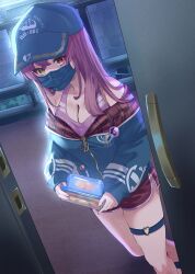 Rule 34 | 1girl, bikini, bikini under clothes, black headwear, black jacket, black mask, breasts, cleavage, doorway, heart o-ring, heterochromia, highres, hololive, hood, hooded jacket, houshou marine, houshou marine (summer), jacket, long hair, looking at viewer, mask, medium breasts, mouth mask, night, o-ring, o-ring thigh strap, official alternate costume, opening door, partially unzipped, pov doorway, red eyes, red hair, shorts, solo, swimsuit, thigh strap, virtual youtuber, yaho image3, yellow eyes