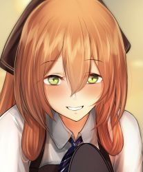 Rule 34 | 1girl, apron, blush, bow, commentary request, diagonal stripes, girls&#039; frontline, green eyes, guchagucha, hair between eyes, hair bow, looking at viewer, necktie, orange hair, partial commentary, smile, solo, springfield (girls&#039; frontline), striped, tray, upper body, yellow background