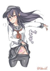 Rule 34 | 10s, 1girl, puff of air, akatsuki (kancolle), anchor symbol, bad id, bad twitter id, black pantyhose, black skirt, blush, closed mouth, clothes lift, clothes pull, collarbone, cowboy shot, cropped legs, crotch seam, ebifurya, eyebrows, flat cap, groin, hair between eyes, hat, heart, heart tattoo, highres, inactive account, kantai collection, lifted by self, long hair, long sleeves, looking at viewer, neckerchief, no panties, one eye closed, outstretched arm, pantyhose, pantyhose pull, pleated skirt, pubic tattoo, purple eyes, purple hair, school uniform, serafuku, sidelocks, simple background, skirt, skirt lift, smile, solo, tattoo, twitter username, white background