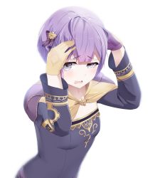 Rule 34 | 1girl, ahoge, asymmetrical gloves, bernadetta von varley, blush, breasts, commentary, dress, english commentary, fire emblem, fire emblem: three houses, gloves, hair ornament, hands on own head, highres, light purple hair, long sleeves, looking at viewer, mengo, mismatched gloves, nintendo, open mouth, purple dress, purple eyes, purple gloves, short hair, simple background, small breasts, solo, tareme, tears, upper body, wavy mouth, white background, yellow gloves