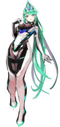 Rule 34 | 1girl, absurdres, breasts, chest jewel, earrings, gloves, green eyes, green hair, high heels, highres, jewelry, large breasts, long hair, pneuma (xenoblade), ponytail, simple background, solo, swept bangs, tiara, tim (a9243190a), very long hair, white background, xenoblade chronicles (series), xenoblade chronicles 2
