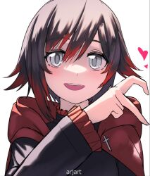 Rule 34 | 1girl, ar jart, artist name, black hair, cape, commentary, gradient hair, grey eyes, heart, heart hands, multicolored hair, open mouth, red cape, red hair, ruby rose, rwby, short hair, symbol-only commentary, white background