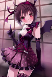 Rule 34 | 1girl, bat wings, bow, bustier, elbow gloves, female focus, flower, frilled thighhighs, frills, gloves, gothic lolita, gradient background, hairband, lolita fashion, lowres, purple hair, red eyes, ribbon, rion flina, rose, short hair, skirt, solo, sword girls, thighhighs, wings