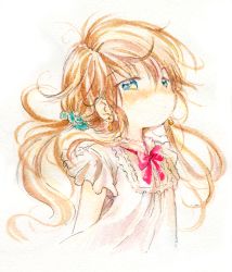Rule 34 | 1girl, blue eyes, blush, bow, bowtie, brown hair, cropped torso, dot mouth, dress, earrings, jewelry, long hair, nose blush, ogawa hidari, original, red bow, red bowtie, short sleeves, simple background, solo, traditional media, twintails, white background, white dress