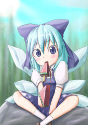 Rule 34 | 1girl, blue eyes, blue hair, cirno, dress, food, giving, indian style, kounotsuki yuu, looking at viewer, mouth hold, popsicle, puffy short sleeves, puffy sleeves, religious offering, rock, short hair, short sleeves, sitting, sitting on rock, touhou, watermelon bar, wings