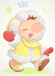Rule 34 | 1boy, alien, alternate costume, arm up, big nose, brown hair, capelet, closed eyes, coat, commentary request, full body, fur-trimmed coat, fur trim, green flower, hood, hood up, hooded coat, long sleeves, mittens, nintendo, notice lines, olimar, open mouth, pikmin (series), red mittens, short hair, silver trim, smile, snow boots, super smash bros., ukyo (80123), very short hair, walking, waving, white background, white footwear, winter clothes, winter coat, yellow capelet, yellow coat