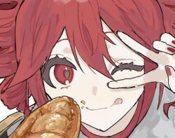 Rule 34 | 0211nami, 1girl, :p, bread, commentary, crumbs, eating, food, food on face, kasane teto, lowres, nail polish, one eye closed, portrait, red eyes, red hair, simple background, solo, symbol-only commentary, tongue, tongue out, twintails, v, v over eye, vocaloid, white background