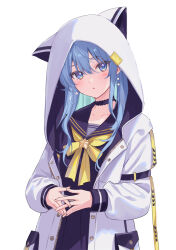 Rule 34 | 1girl, animal hood, arm strap, black choker, black shirt, black skirt, blue eyes, blue hair, blush, breasts, choker, commentary, cowboy shot, earrings, fukahire (ruinon), hair between eyes, highres, hololive, hood, hood up, hooded jacket, hoshimachi suisei, hoshimachi suisei (school uniform), jacket, jewelry, light blue hair, long hair, long sleeves, looking at viewer, neckerchief, official alternate costume, open clothes, open jacket, own hands clasped, own hands together, parted lips, pleated skirt, sailor collar, shirt, simple background, skirt, small breasts, solo, star (symbol), star in eye, symbol in eye, virtual youtuber, white background, white jacket, yellow neckerchief