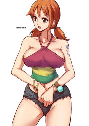 Rule 34 | 1girl, :o, alternate costume, aosora2823, bracelet, breasts, brown eyes, collarbone, cowboy shot, crop top, curvy, cutoffs, denim, denim shorts, highres, jewelry, large breasts, log pose, looking to the side, low twintails, midriff, nami (one piece), official alternate costume, one piece, one piece film: gold, open mouth, orange hair, shiny skin, short shorts, shorts, shoulder tattoo, simple background, solo, tattoo, twintails, white background, wide hips