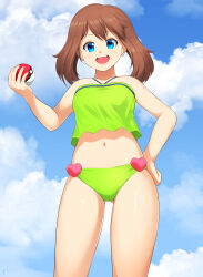 Rule 34 | 1girl, :d, absurdres, bare arms, bikini, blue eyes, brown hair, cloud, commentary request, commission, creatures (company), day, eyelashes, game freak, green bikini, hand on own hip, happy, highres, holding, holding poke ball, looking down, may (pokemon), medium hair, navel, nintendo, open mouth, outdoors, pixiv commission, poke ball, pokemon, pokemon (anime), pokemon rs020, pokemon rse (anime), sky, smile, solo, swimsuit, teeth, thighs, upper teeth only, yomitrooper