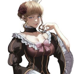 Rule 34 | 1girl, beatrice (umineko), black choker, blonde hair, blue eyes, blunt bangs, bow, bowtie, breasts, brooch, brown dress, choker, cleavage, collarbone, colored eyelashes, commentary request, dress, flower, frilled choker, frilled dress, frilled sleeves, frills, gem, gown, hair flower, hair ornament, hand up, highres, jewelry, korean commentary, large breasts, looking at viewer, parted lips, pink bow, pink bowtie, puffy sleeves, red flower, red gemstone, red rose, rose, short hair, sidelocks, simple background, smile, solo, umineko no naku koro ni, upper body, wefightasone 1, white background, wide sleeves