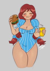 Rule 34 | 1girl, adapted costume, artist request, breasts, burger, cleavage, cleavage cutout, closed eyes, clothing cutout, curvy, eating, food, freckles, highres, leotard, long hair, medium breasts, product girl, red hair, smile, solo, source request, striped, tagme, thick thighs, thighs, twintails, wendy&#039;s, wendy (wendy&#039;s), wide hips