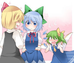 Rule 34 | &gt; &lt;, 3girls, ?, ^ ^, ascot, bad id, bad pixiv id, blonde hair, blue dress, blue eyes, blue hair, blush, bow, cirno, closed eyes, clothes lift, commentary, daiyousei, dress, dress lift, dress shirt, closed eyes, fairy wings, female focus, green eyes, green hair, hair bow, hair ribbon, hammer (sunset beach), ice, ice wings, multiple girls, open mouth, ribbon, rumia, shirt, short hair, side ponytail, skirt, skirt lift, skirt set, smile, speed lines, sweatdrop, touhou, wings