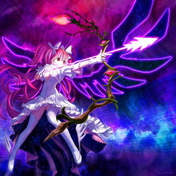 Rule 34 | 10s, 1girl, ankle wings, arrow (projectile), bow, bow (weapon), breasts, cleavage, drawing bow, dress, gloves, glowing, glowing weapon, glowing wings, hair bow, holding, holding bow (weapon), holding weapon, kaname madoka, long hair, mahou shoujo madoka magica, mahou shoujo madoka magica (anime), md5 mismatch, panties, pantyshot, pink hair, red eyes, solo, space, standing, thighhighs, twintails, two side up, ultimate madoka, underwear, weapon, white dress, white gloves, white panties, white thighhighs, wings, wu niang