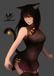 Rule 34 | 1girl, animal ears, artist name, bare arms, bare shoulders, bell, black dress, black hair, black thighhighs, breasts, cat ears, cat girl, cat tail, china dress, chinese clothes, cowboy shot, dress, garter straps, grey background, hair between eyes, highres, jingle bell, long hair, medium breasts, open mouth, original, red ribbon, ribbon, shimmer, simple background, sleeveless, sleeveless dress, solo, tail, tail bell, tail ornament, tail raised, tail ribbon, teeth, thighhighs, upper teeth only, yellow eyes, zettai ryouiki
