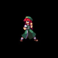 Rule 34 | 1girl, animated, animated gif, braid, chibi, dress, female focus, full body, green dress, hat, hong meiling, lowres, o o, open mouth, pixel art, red hair, solo, standing, star (symbol), touhou, transparent background, twin braids