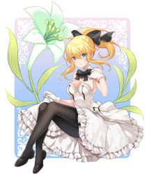 Rule 34 | 1girl, artoria pendragon (all), artoria pendragon (fate), bad id, bad pixiv id, bare shoulders, black bow, black pantyhose, blonde hair, blue eyes, blush, bow, breasts, brown footwear, closed mouth, commentary request, detached collar, dress, fate/grand order, fate (series), flower, frilled dress, frills, full body, gloves, hair between eyes, hair bow, high ponytail, highres, large breasts, lily (flower), long hair, looking at viewer, name connection, object namesake, pantyhose, ponytail, saber lily, shiosoda, shoes, sidelocks, sitting, skirt hold, solo, strapless, strapless dress, white dress, white gloves
