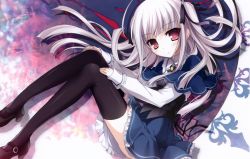 Rule 34 | 10s, 1girl, absolute duo, absurdres, black ribbon, black thighhighs, blue skirt, hair ribbon, hat, highres, karory, long hair, looking at viewer, red eyes, ribbon, school uniform, silver hair, skirt, solo, thighhighs, two side up, yurie sigtuna