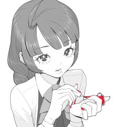 Rule 34 | 1girl, ahoge, applying makeup, applying manicure, character request, collared shirt, highres, holding, kantai collection, long sleeves, looking at viewer, mole, mole under mouth, nail polish, nail polish bottle, neckerchief, painting nails, parted lips, red nails, shirt, simple background, solo, spot color, tocky, white background, wing collar