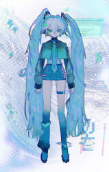 Rule 34 | 1girl, abstract background, alternate costume, aqua jacket, arms at sides, asymmetrical legwear, blue footwear, blue hair, blue necktie, blue shirt, blue skirt, character name, closed mouth, cropped jacket, cursor, full body, gears, green eyes, grey background, hair between eyes, hair ornament, hatsune miku, headset, highres, jacket, light blue hair, long hair, long sleeves, looking at viewer, mawarusanso, miniskirt, necktie, open clothes, open jacket, shirt, single loose sock, skirt, solo, standing, straight-on, thigh strap, twintails, very long hair, vocaloid, window (computing)