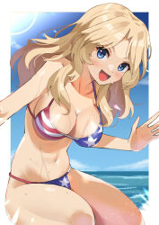 1girl american_flag american_flag_bikini american_flag_print bikini blaze_(blazeillust) blonde_hair blue_eyes blush breasts cleavage flag_print girls_und_panzer hair_intakes happy highres kay_(girls_und_panzer) large_breasts long_hair looking_at_viewer middle_part navel open_mouth parted_bangs print_bikini shiny_skin smile solo stomach sun swept_bangs swimsuit thighs thong thong_bikini waving wide_hips