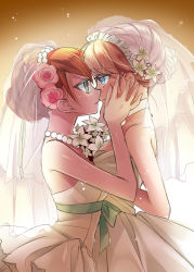 Rule 34 | 2girls, alternate costume, anna (frozen), blonde hair, blue eyes, breasts, bridal veil, dress, elsa (frozen), eye contact, face-to-face, flowers in hair, frozen (disney), green eyes, highres, incest, kokuchuutei, looking at another, multiple girls, orange hair, short hair, siblings, sisters, veil, wedding dress, wife and wife, yuri