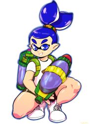 Rule 34 | 1boy, artist name, blue eyes, blue hair, highres, inkling player character, looking at viewer, nintendo, pointy ears, shoelaces, shoes, smile, sneakers, splatoon (series), thick thighs, thighs, yellow kirby