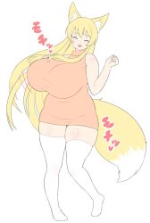 Rule 34 | 1girl, ^ ^, animal ears, belly, blonde hair, bouncing breasts, breasts, closed eyes, curvy, closed eyes, fox ears, fox girl, fox tail, full body, futon7979, highres, huge breasts, long hair, open mouth, original, plump, simple background, smile, solo, sound effects, tail, thick thighs, thighhighs, thighs, white background, white thighhighs, yuzuno (futon)