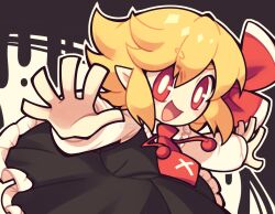Rule 34 | 1girl, artist name, black dress, blonde hair, bright pupils, commentary, dress, english commentary, frilled dress, frills, hair ribbon, highres, long sleeves, necktie, open mouth, outstretched arms, pointy ears, red eyes, red necktie, red ribbon, ribbon, rumia, shirt, short hair, smile, solo, spread arms, touhou, white pupils, white shirt, yatsunote