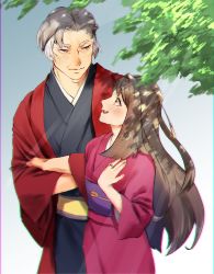 Rule 34 | 1boy, 1girl, alternate costume, alternate hair length, alternate hairstyle, black kimono, blurry, blush, brown eyes, brown hair, closed mouth, commentary request, creatures (company), game freak, gloria (pokemon), grey eyes, grey hair, hand up, highres, jacket, japanese clothes, jewelry, kabu (pokemon), kago (pkmncheerz3), kimono, long hair, nintendo, open mouth, pokemon, pokemon swsh, purple kimono, purple sash, red jacket, ring, sash, short hair, smile, teeth, tongue, upper teeth only