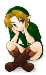 Rule 34 | 1boy, artist request, blonde hair, boots, crossed legs, full body, gradient background, hat, link, male focus, nintendo, pointy ears, simple background, sitting, smile, solo, the legend of zelda, the legend of zelda: ocarina of time, white background, young link