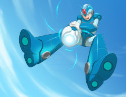 Rule 34 | 1boy, android, arm cannon, armor, blue footwear, boots, capcom, cloud, forehead jewel, gloves, gradient background, green eyes, helmet, jumping, male focus, mark henry bustamante, mega man (series), x (mega man), mega man x (series), open mouth, sky, solo, weapon