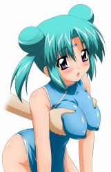 Rule 34 | 1990s (style), 1girl, absurdres, aqua hair, bare shoulders, blush, grabbing another&#039;s breast, breasts, canal vorfeed, china dress, chinese clothes, dress, embarrassed, covered erect nipples, grabbing, highres, large breasts, lost universe, purple eyes, solo focus, sugimura tomokazu