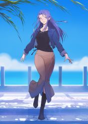 Rule 34 | 1girl, absurdres, alternate costume, blue jacket, boots, braid, casual, cloud, commission, fate/grand order, fate (series), highres, horizon, jacket, long hair, looking at viewer, medea (fate), official alternate costume, palm tree, pier, pointy ears, purple eyes, purple hair, second-party source, side braid, skirt, solkorra, stairs, standing, standing on one leg, tree