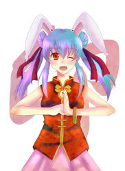 Rule 34 | 1girl, alternate costume, alternate hairstyle, animal ears, bad id, bad pixiv id, chinese clothes, double bun, fang, female focus, highres, one eye closed, pakapom, palm-fist greeting, purple hair, rabbit ears, red eyes, reisen udongein inaba, solo, touhou, wink