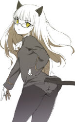 Rule 34 | 1girl, animal ears, ass, blonde hair, glasses, greyscale, kage yuu, long hair, looking back, monochrome, panties, panties under pantyhose, pantyhose, perrine h. clostermann, simple background, solo, strike witches, tail, thighs, underwear, uniform, world witches series, yellow eyes